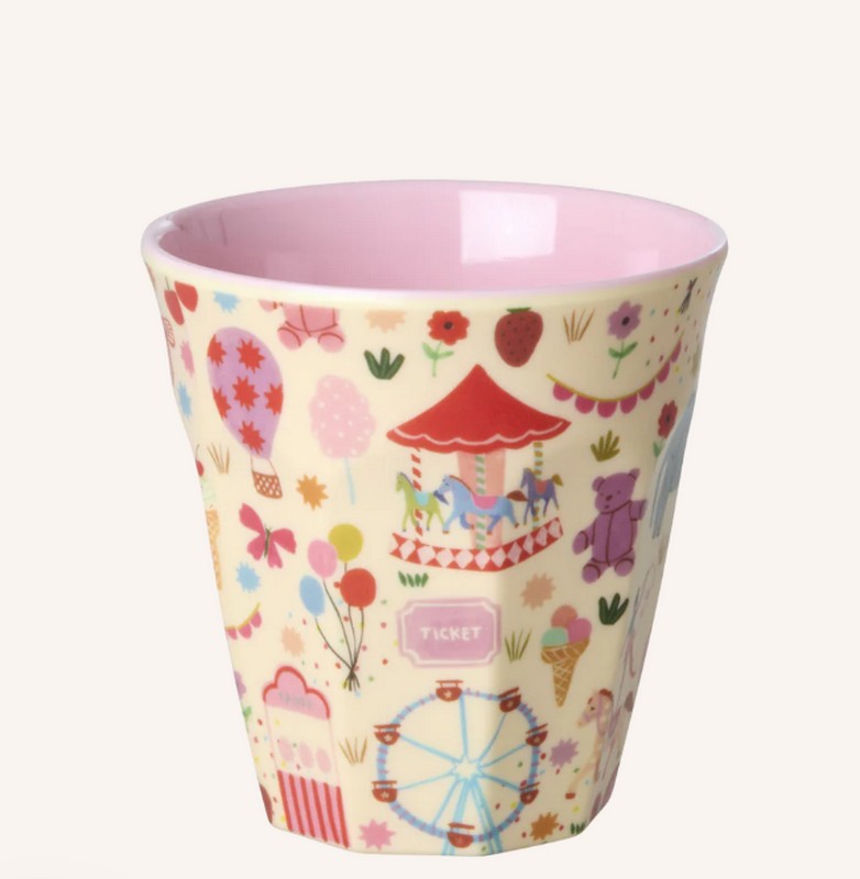 Bicchiere acqua in melamina decorato con luna park con interno rosa